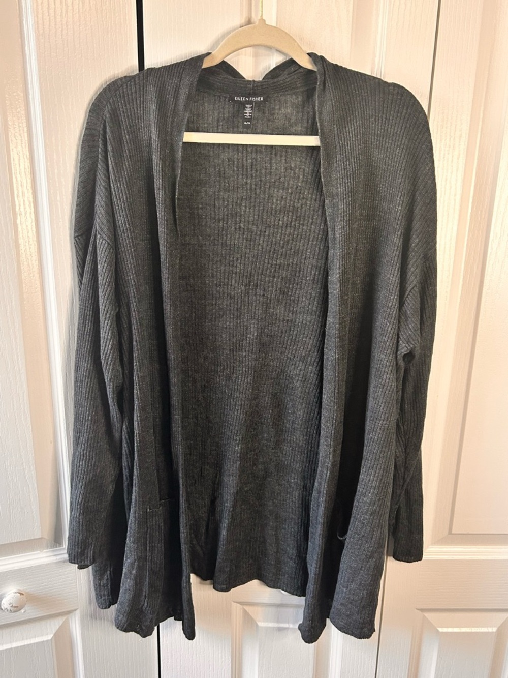 Eileen Fisher Women’s XL Linen Charcoal Gray Open-Front Ribbed Pocket Cardigan